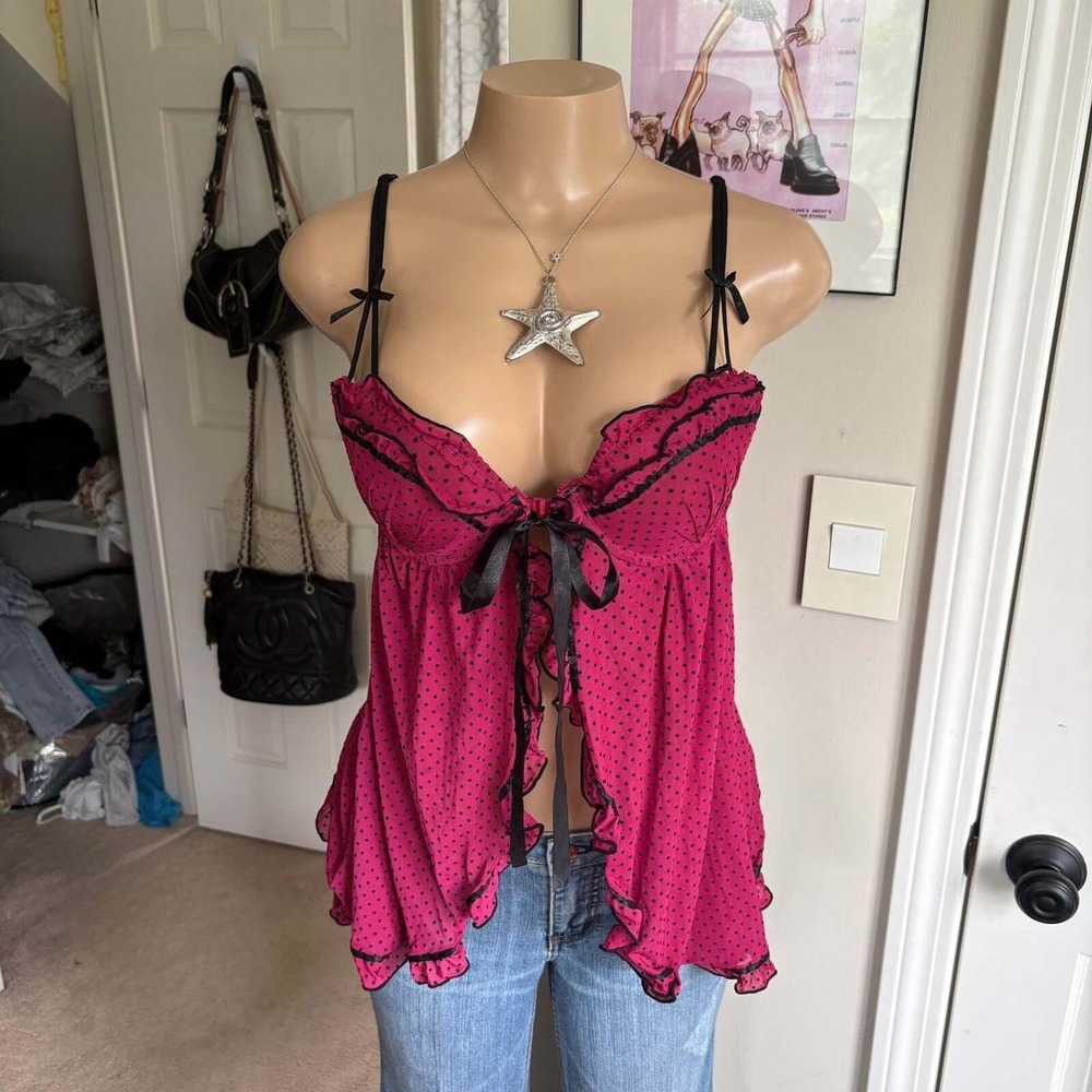 00s raspberry red polka dot babydoll cami (size L)
